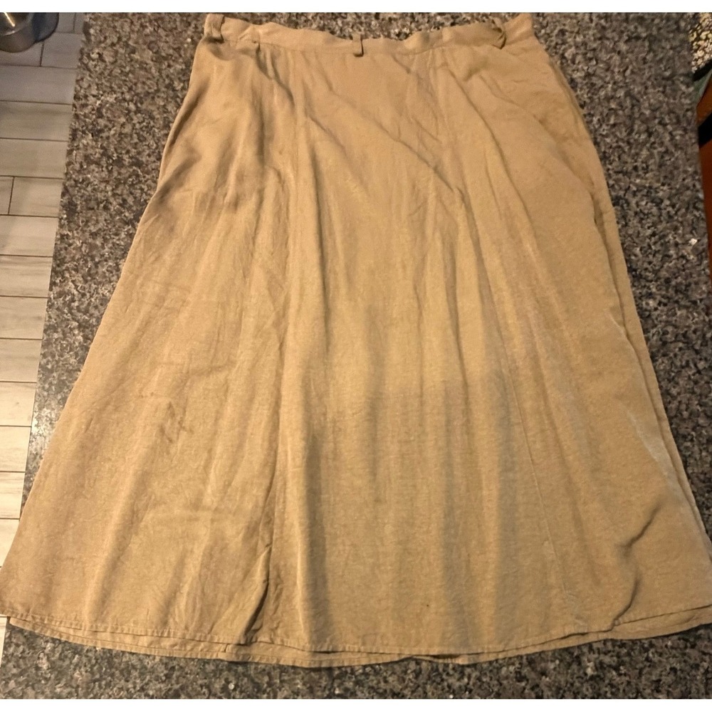 Orvis 100% Silk Button Front Midi Skirt Tan Khaki A-Line Pockets Womens XL - Picture 2 of 7